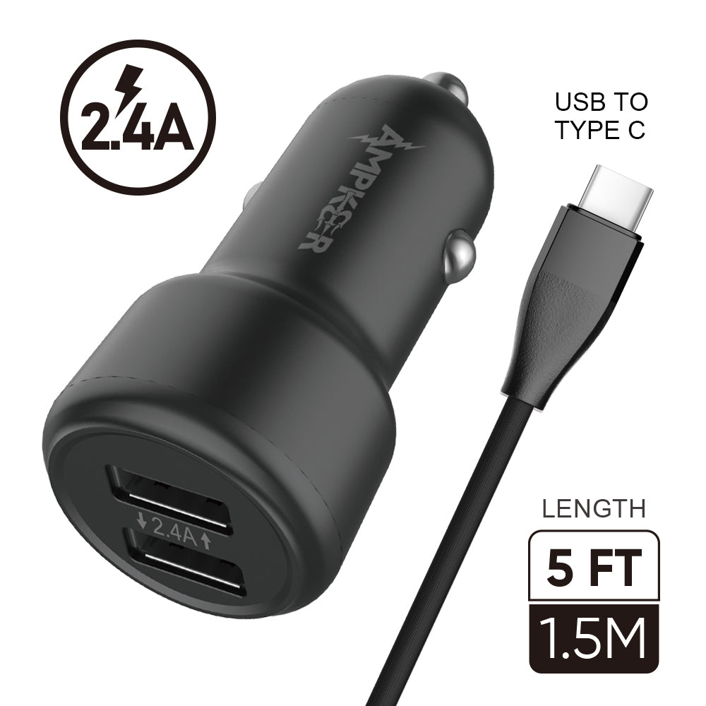 HRWireless, 2.4A Combo (Car Adapter with Two USB Ports + Single Cable) PVC 1.5M / 5FT For Type C Black