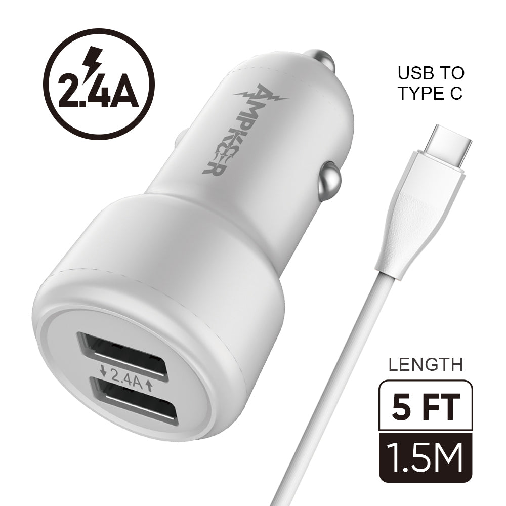 HRWireless, 2.4A Combo (Car Adapter with Two USB Ports + Single Cable) PVC 1.5M / 5FT For Type C White