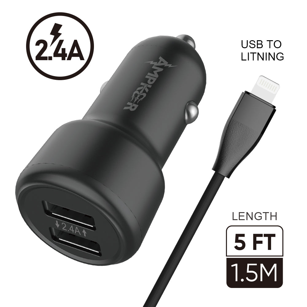 HRWireless, 2.4A Combo (Car Adapter with Two USB Ports + Single Cable) PVC 1.5M / 5FT For USB to Lightning Black