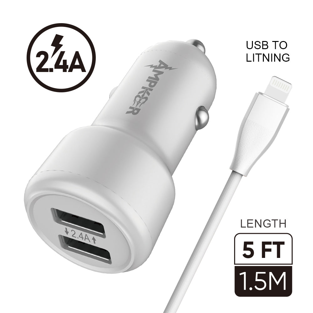 HRWireless, 2.4A Combo (Car Adapter with Two USB Ports + Single Cable) PVC 1.5M / 5FT For USB to Lightning White