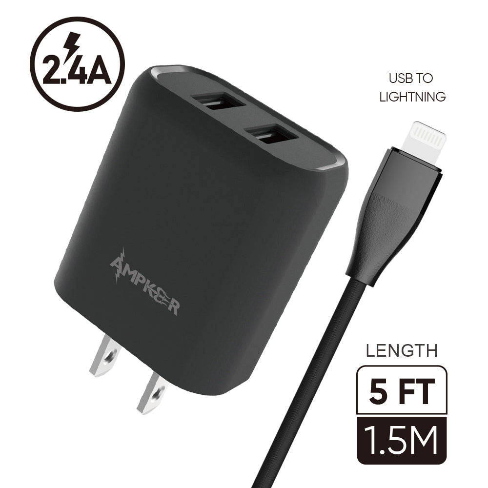 HRWireless, 2.4A Combo (Wall Adapter with 2 USB Ports + Single Cable) PVC 1.5M / 5FT For Lightning Black