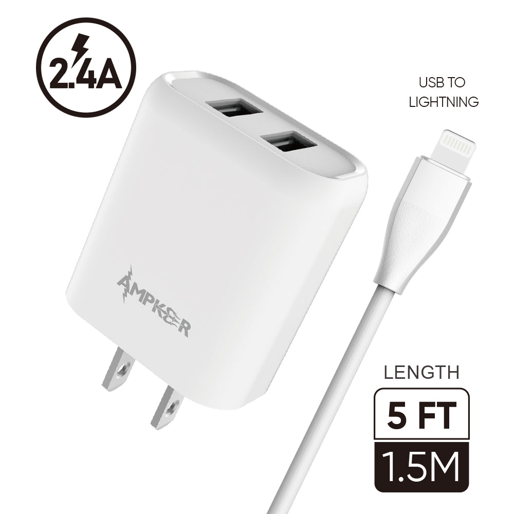 HRWireless, 2.4A Combo (Wall Adapter with 2 USB Ports + Single Cable) PVC 1.5M / 5FT For Lightning White