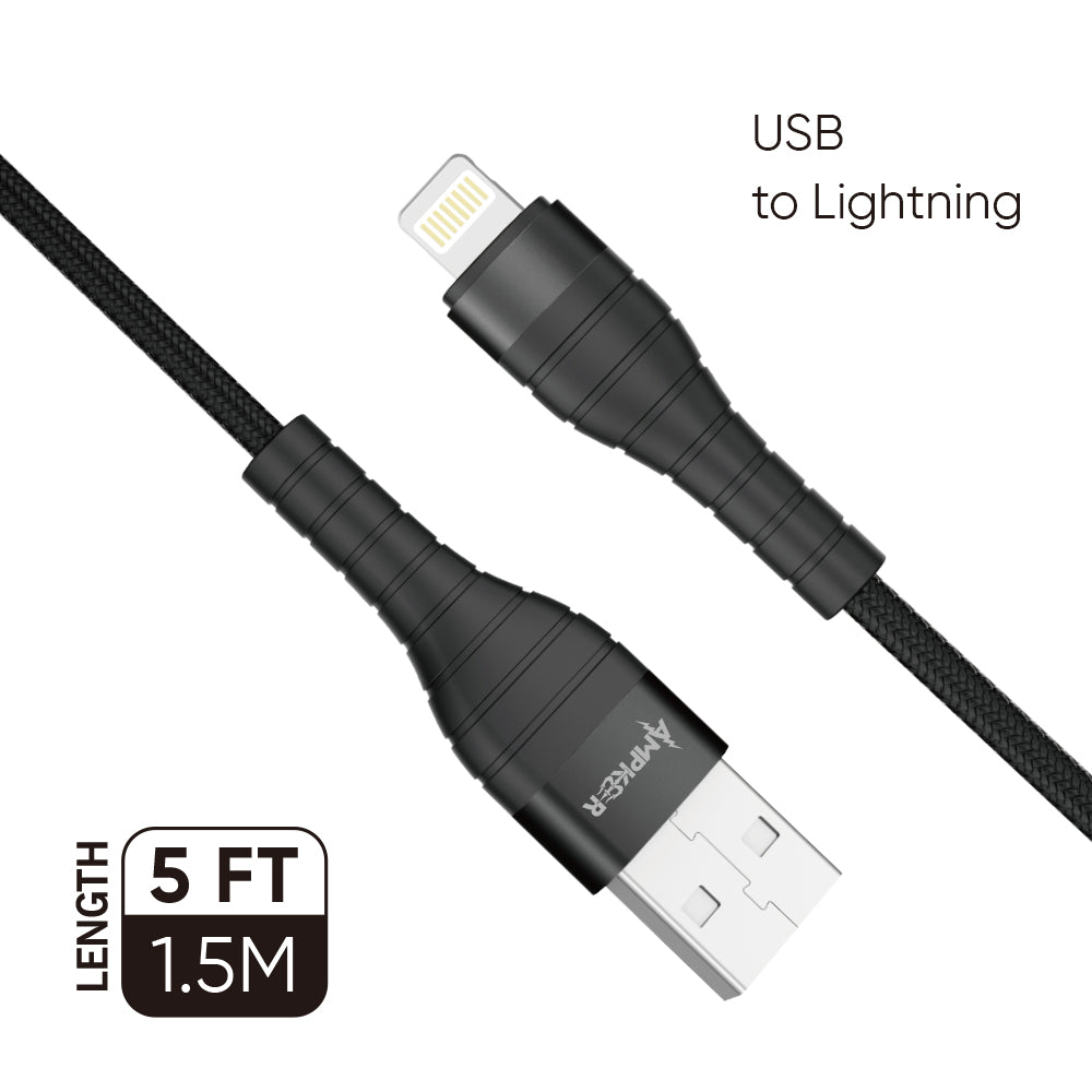 HRWireless, 2.4A High Quality Nylon Braided 1.5M / 5FT For USB to Lightning Black Zinc Alloy Cable