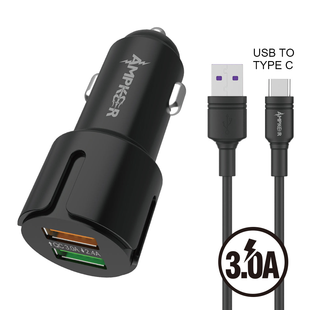 HRWireless, 2.4A + QC 3.0 Combo (Car Adapter Dual USB Ports + One Cable) TPE 1.5M / 5 FT For USB to Type C Black