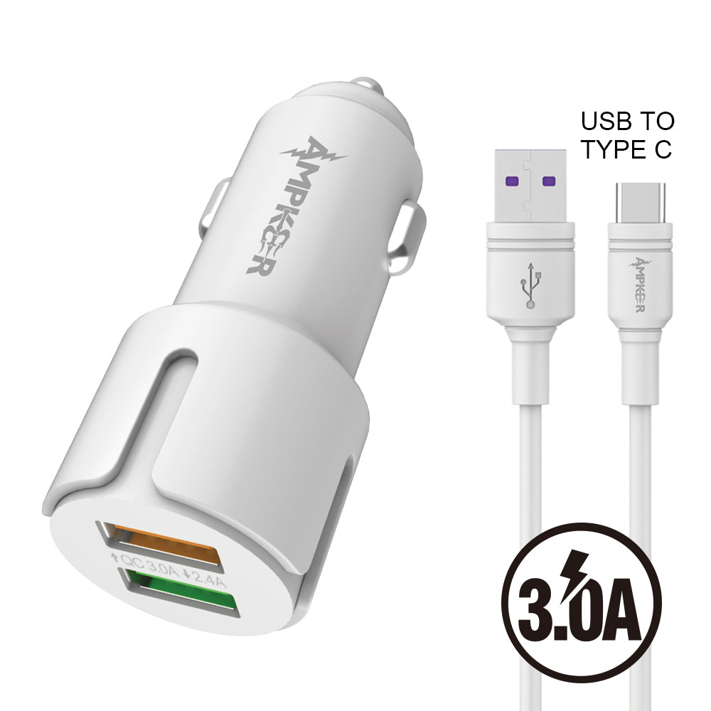 HRWireless, 2.4A + QC 3.0 Combo (Car Adapter Dual USB Ports + One Cable) TPE 1.5M / 5 FT For USB to Type C White