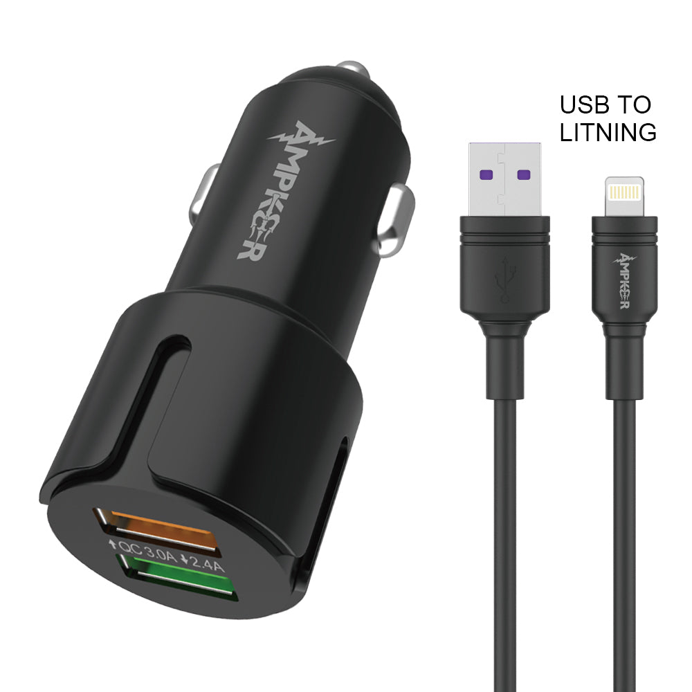 HRWireless, 2.4A + QC 3.0 Combo (Car Adapter with Dual USB Port + Single Cable) TPE 1.5M / 5FT For USB to Lightning Black