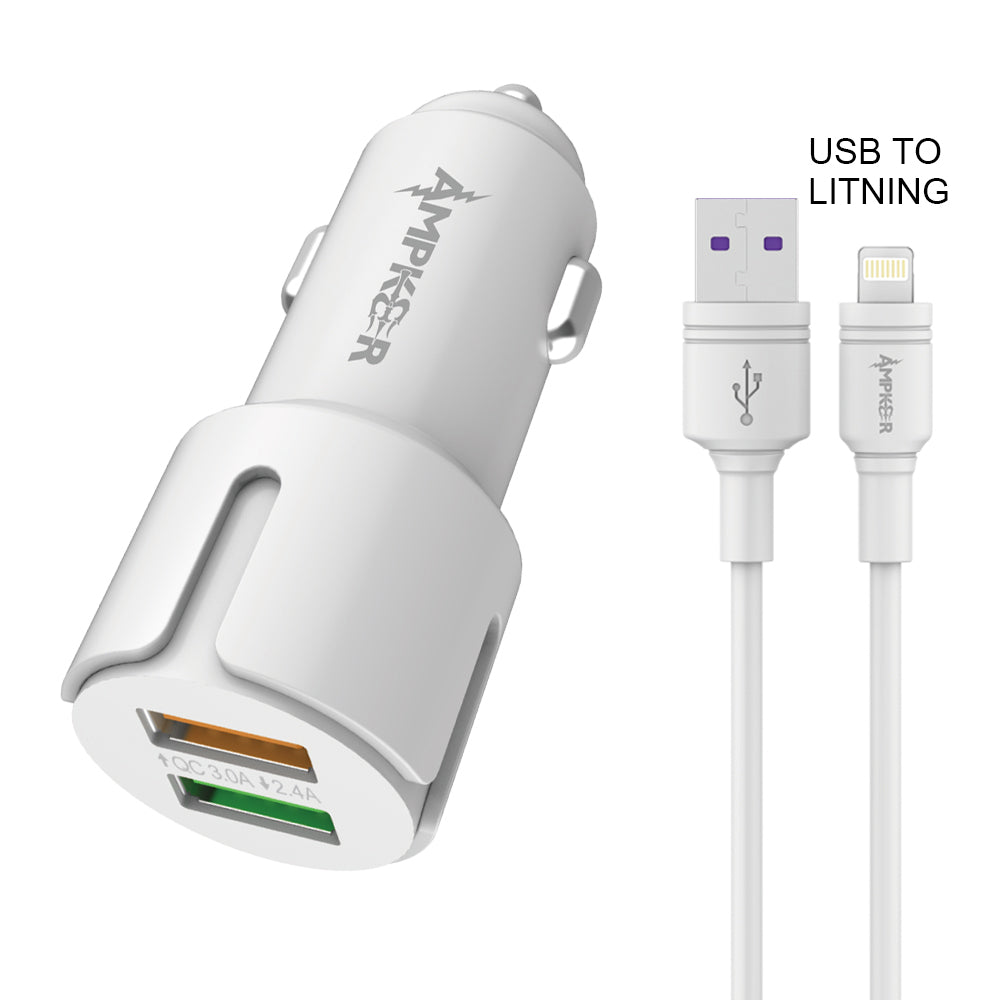 HRWireless, 2.4A + QC 3.0 Combo (Car Adapter with Dual USB Port + Single Cable) TPE 1.5M / 5FT For USB to Lightning White