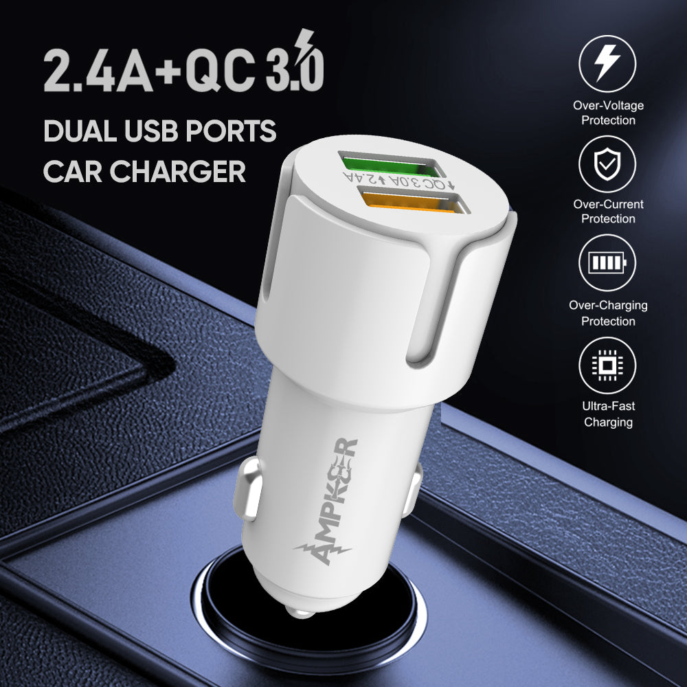 HRWireless, 2.4A + QC 3.0 Single White Car Adapter with DUAL USB Ports