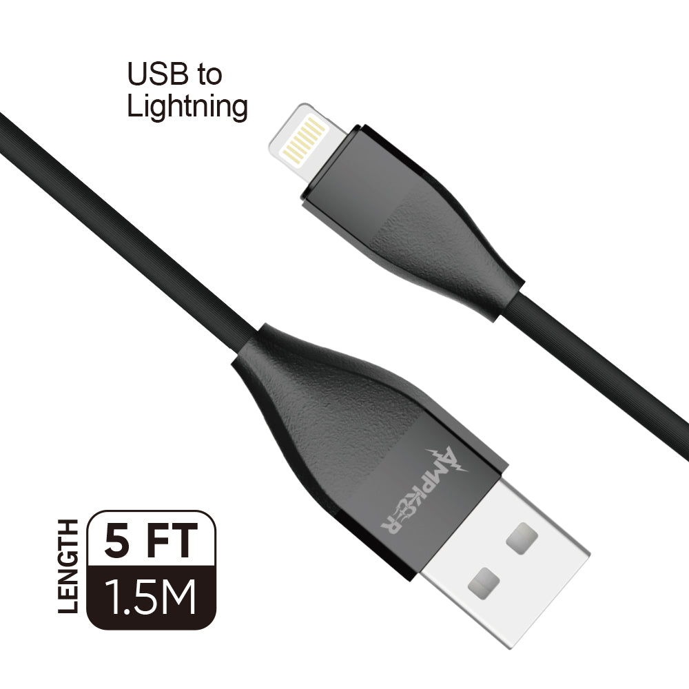 HRWireless, 2.4A TPE 1.5M / 5 FT For USB to Lightning Black Heavy Duty Cable