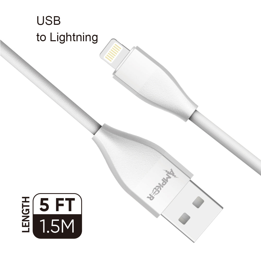 HRWireless, 2.4A TPE 1.5M /  5 FT For USB to Lightning White Heavy Duty Cable