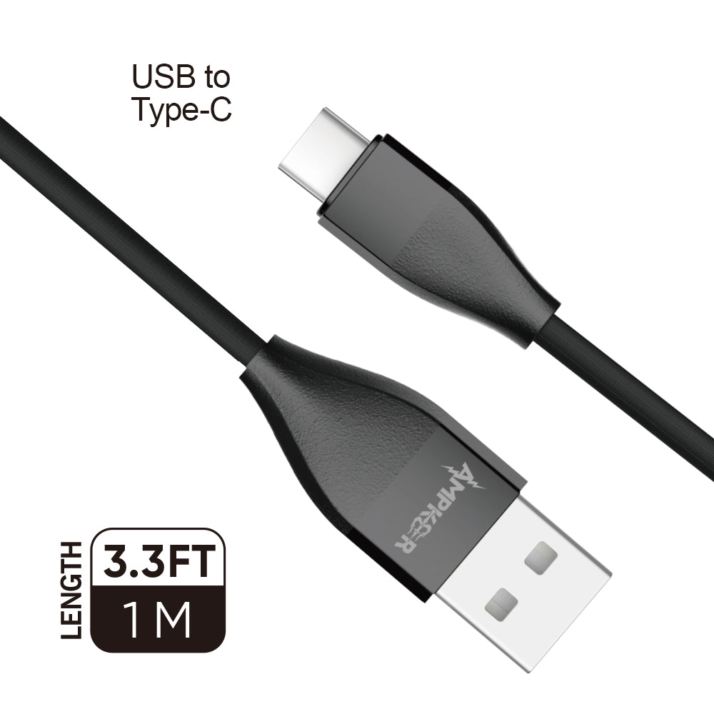 HRWireless, 2.4A TPE 1M/3.3 FT For USB to Type C Black Heavy Duty Cable