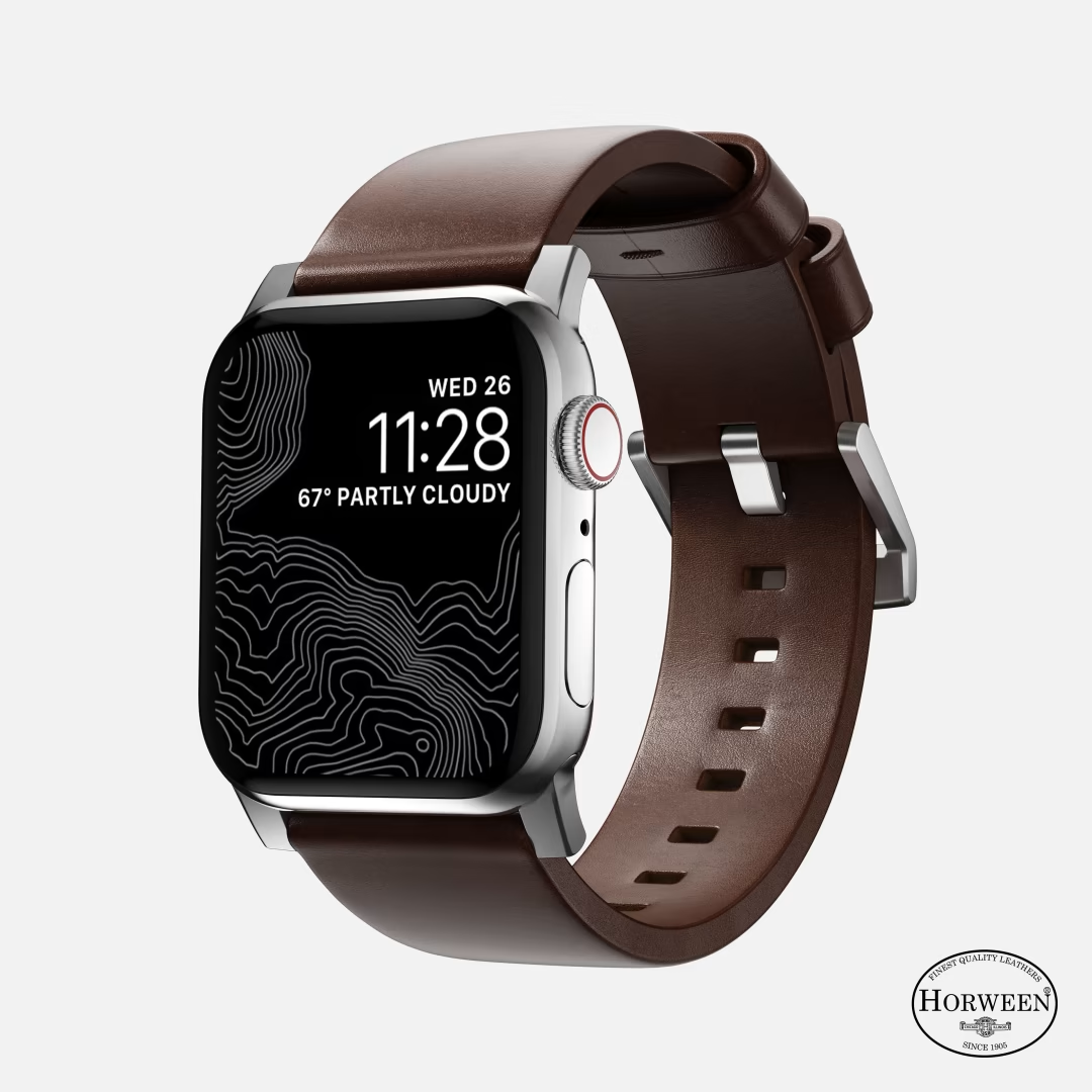 Nomad, Nomad Horween Modern Leather Strap for All Apple Watch Series (41mm/40mm) - Rustic Brown Strap + Silver Hardware