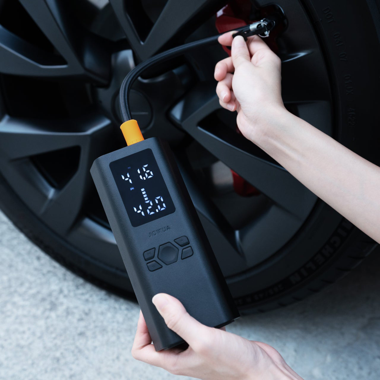 Jowua, Portable Air Compressor for Tesla & Tire Valve Caps Combo