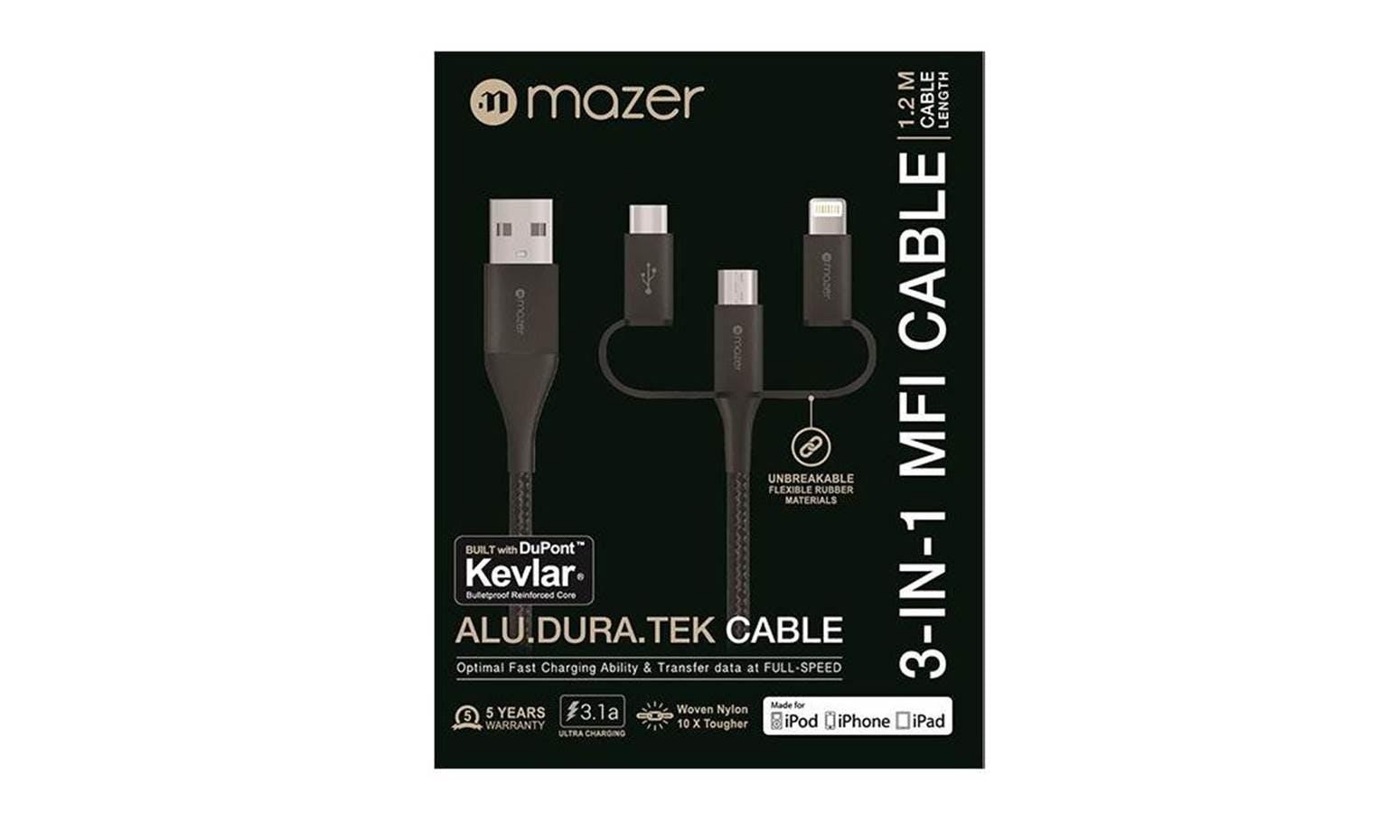 Mazer, (Promo) Mazer ALU.DURA.TEK 3-in-1 Lightning+Micro+USB-C 1.2M Cable - Black