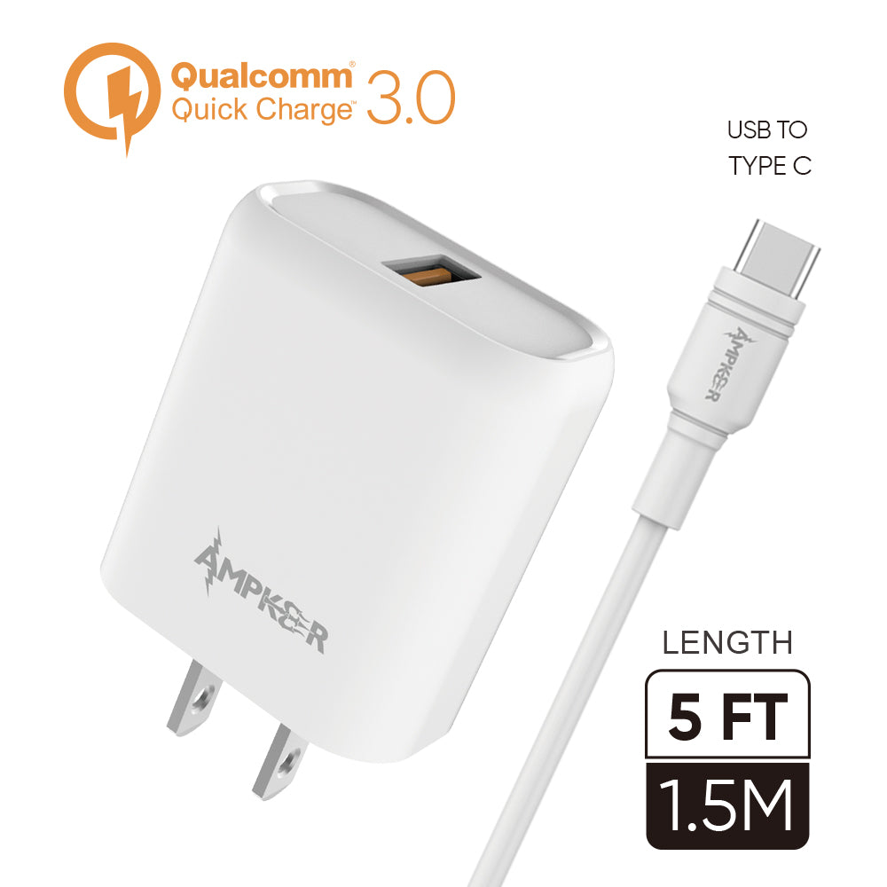 HRWireless, QC 3.0 Combo (Wall Adapter + Single HQ Cable) TPE 1.5M / 5 FT For USB to Type C White