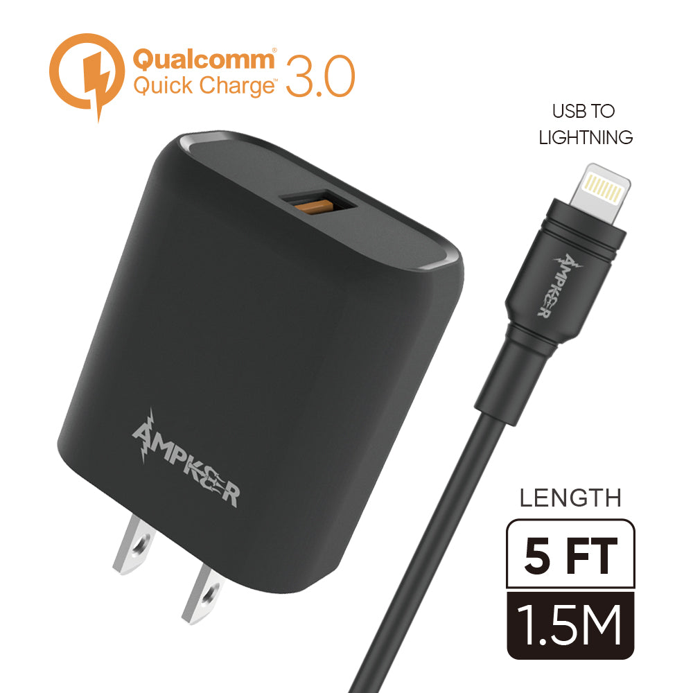 HRWireless, QC 3.0 Combo (Wall Adapter Single Port + Single Cable) TPE 1.5M / 5FT For USB to Lightning Black