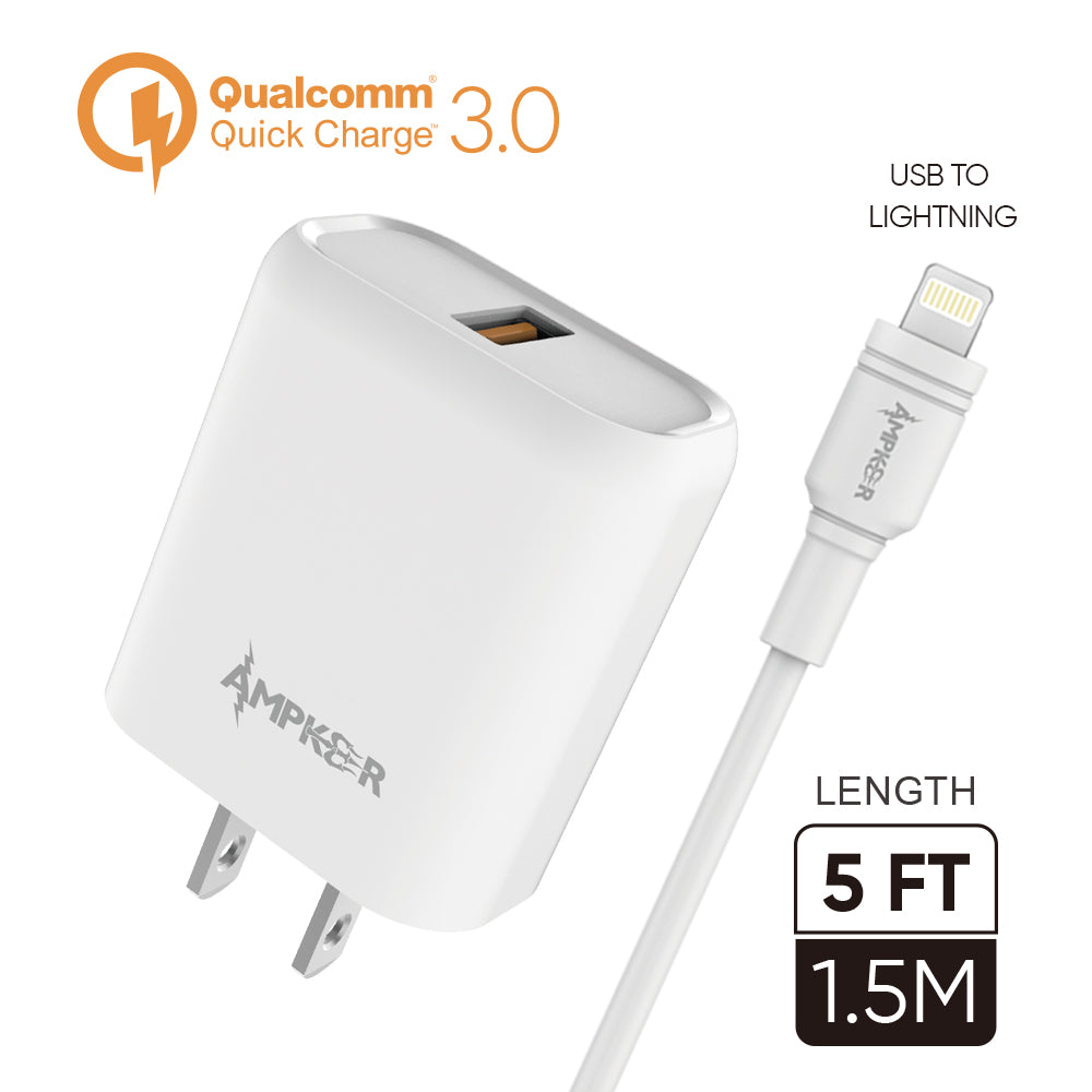 HRWireless, QC 3.0 Combo (Wall Adapter Single Port + Single Cable) TPE 1.5M / 5FT For USB to Lightning White