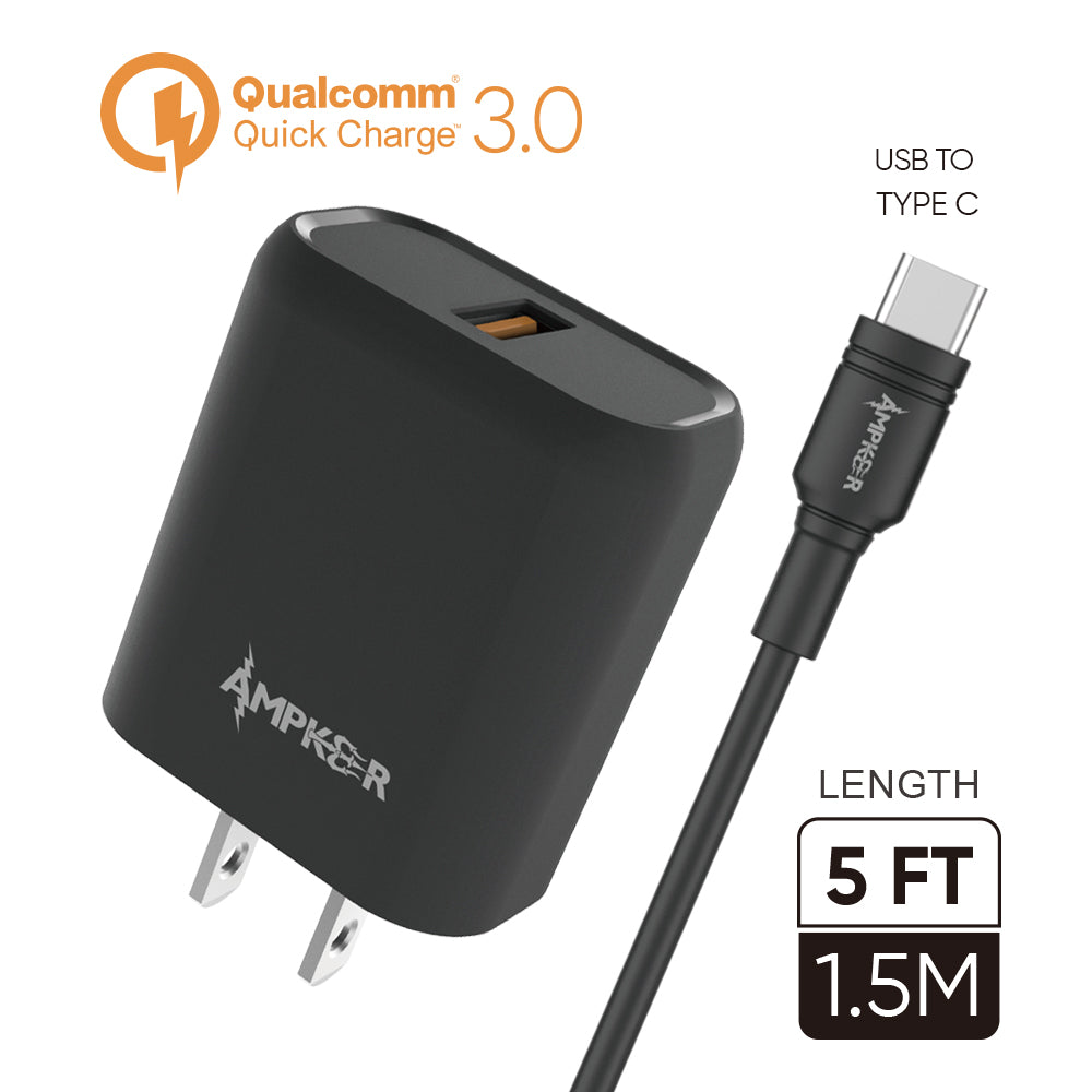 HRWireless, QC 3.0 Combo (Wall Adapter Single Port + Single HQ Cable) TPE 1.5M /  5 FTFor USB to Type C Black