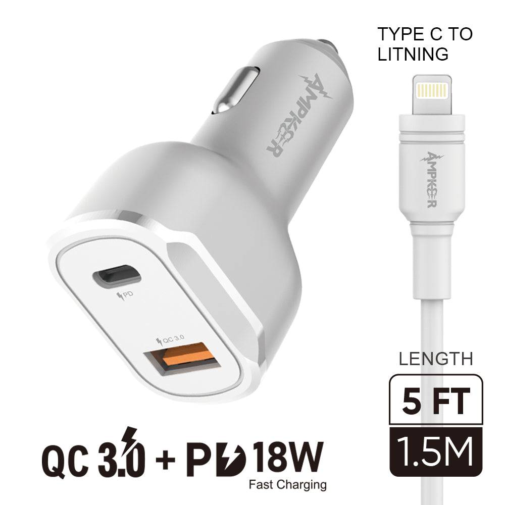 HRWireless, QC 3.0 + PD 18W Combo (Car Adapter Dual Port + Cable) TPE 1.5M / 5FT Type C to Lightning (PD) White