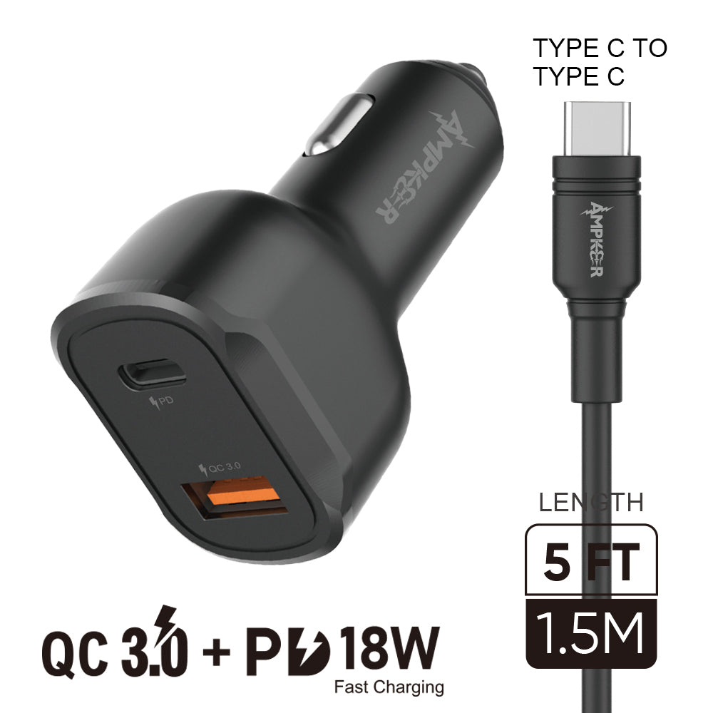 HRWireless, QC 3.0 + PD 18W Combo (Tough Car Adapter Dual Port + Cable) HQ TPE 1.5M / 5FT Type C to Type C Black