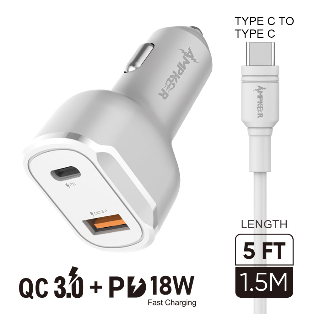 HRWireless, QC 3.0 + PD 18W Combo (Tough Car Adapter Dual Port + Cable) HQ TPE 1.5M / 5FT Type C to Type C White