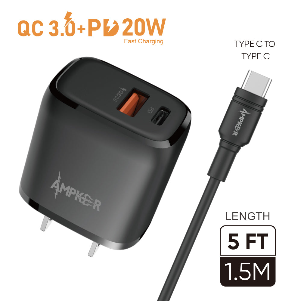 HRWireless, QC 3.0 + PD 20W Combo (Wall Adapter Dual Ports + Single Cable) TPE 1.5M / 5FT Type C to Type C Black