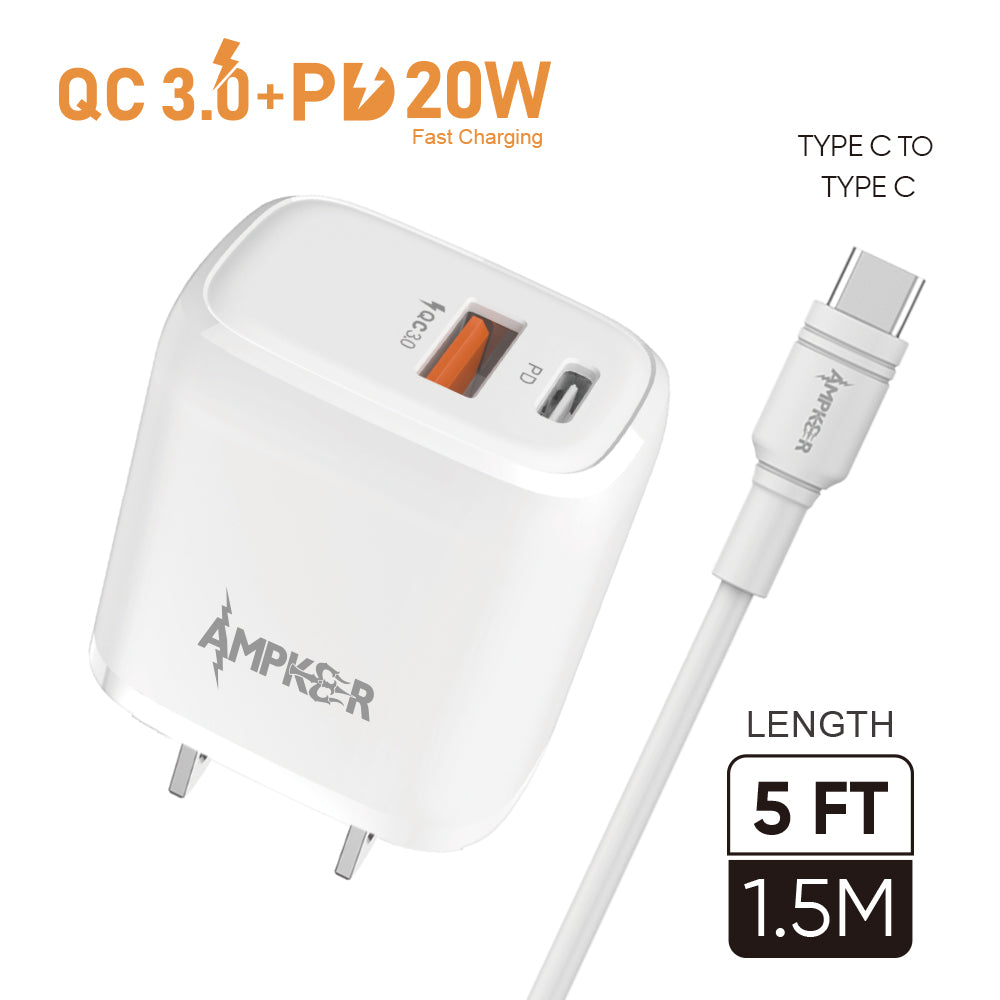 HRWireless, QC 3.0 + PD 20W Combo (Wall Adapter Dual Ports + Single Cable) TPE 1.5M / 5FT Type C to Type C White