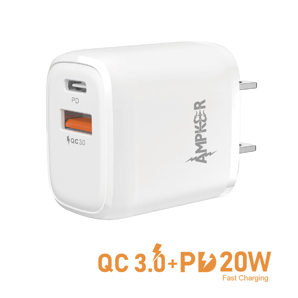 HRWireless, QC 3.0 + PD 20W Single White Wall Adapter with Dual Ports (USB and PD)