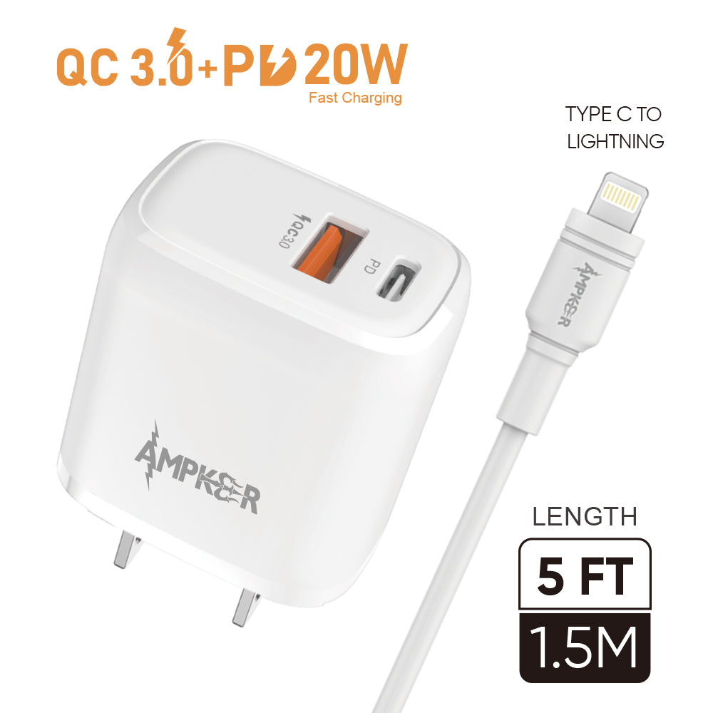 HRWireless, QC 3.0+PD 20W Combo (Wall Adapter Dual Ports + Cable) TPE 1.5M/5FT Type C to Lightning (PD) White