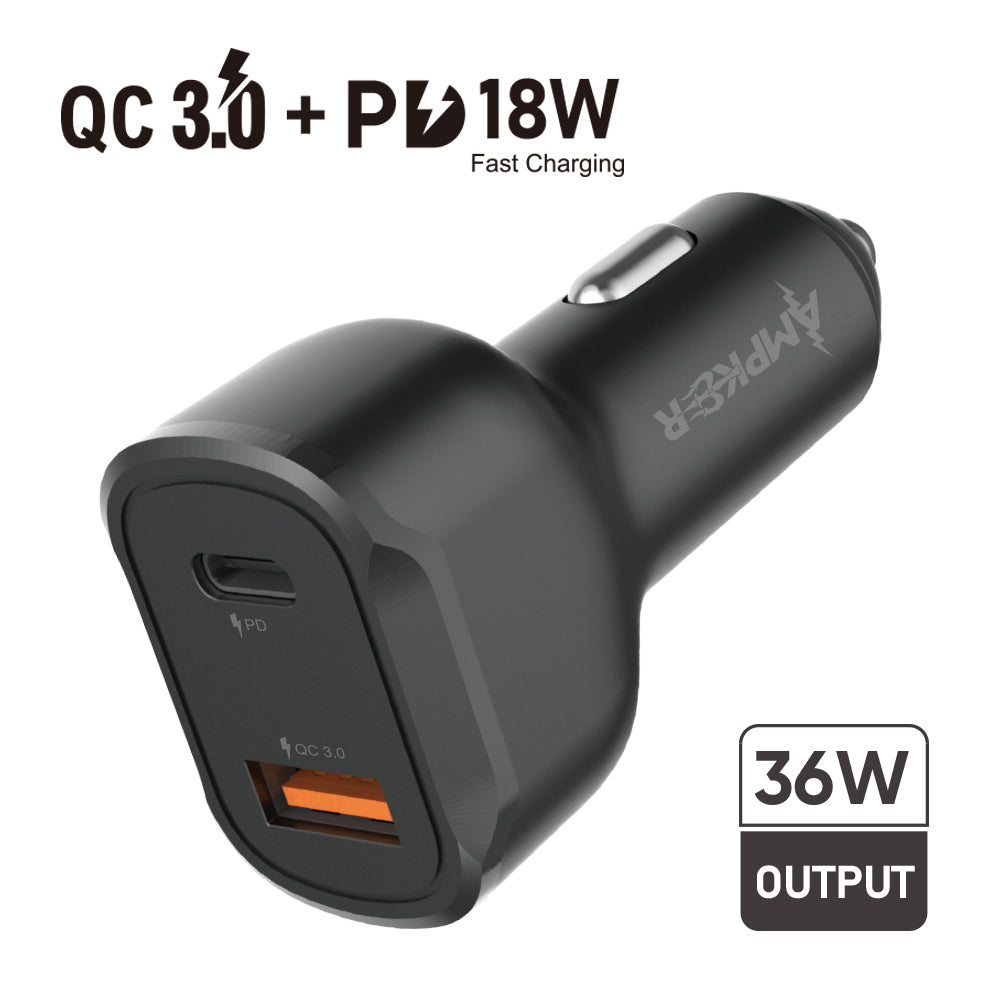 HRWireless, QC3.0 + PD 18W Single Black Car Adapter with DUAL ports