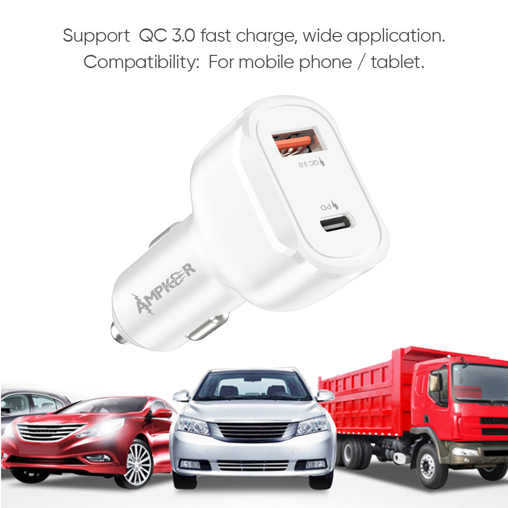 HRWireless, QC3.0 + PD 18W Single White Car Adapter with DUAL Port