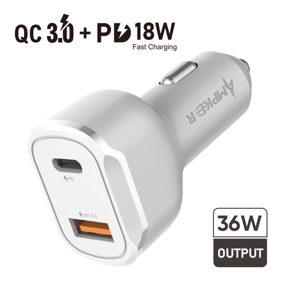 HRWireless, QC3.0 + PD 18W Single White Car Adapter with DUAL Port