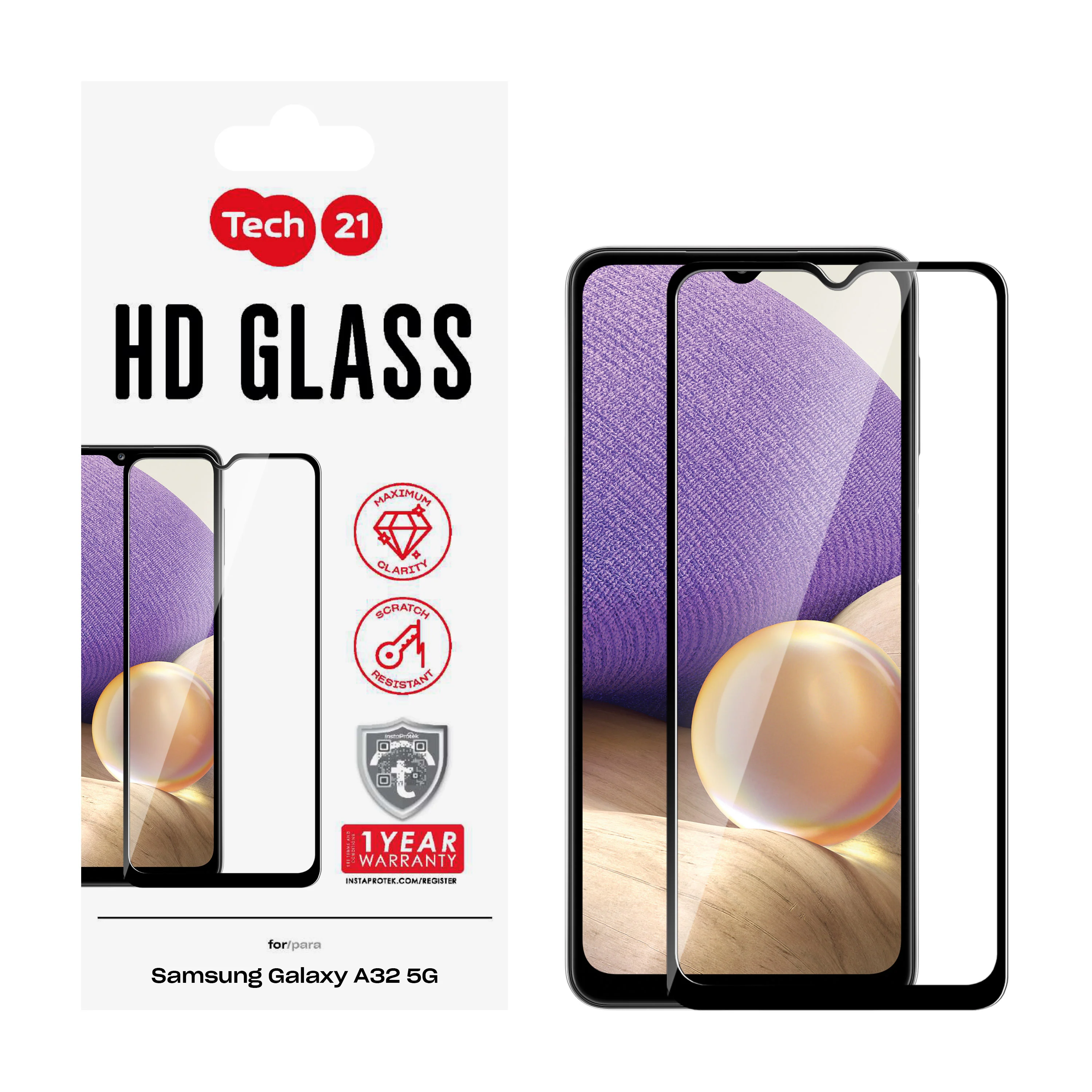 Tech21, Tech21 Tempered Glass Screen Protector for Galaxy A32 5G - Black