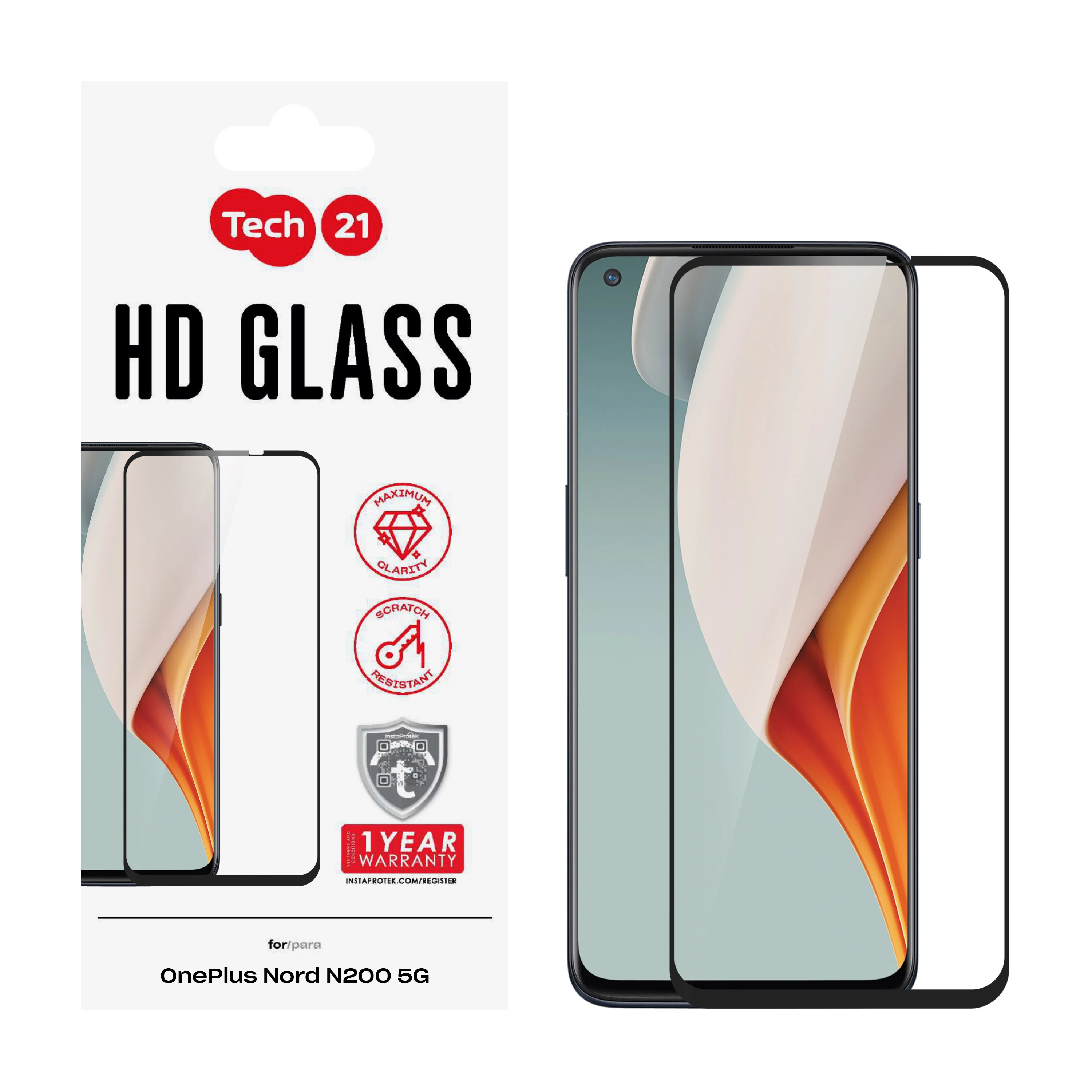 Tech21, Tech21 Tempered Glass Screen Protector for OnePlus Nord N200 5G - Black