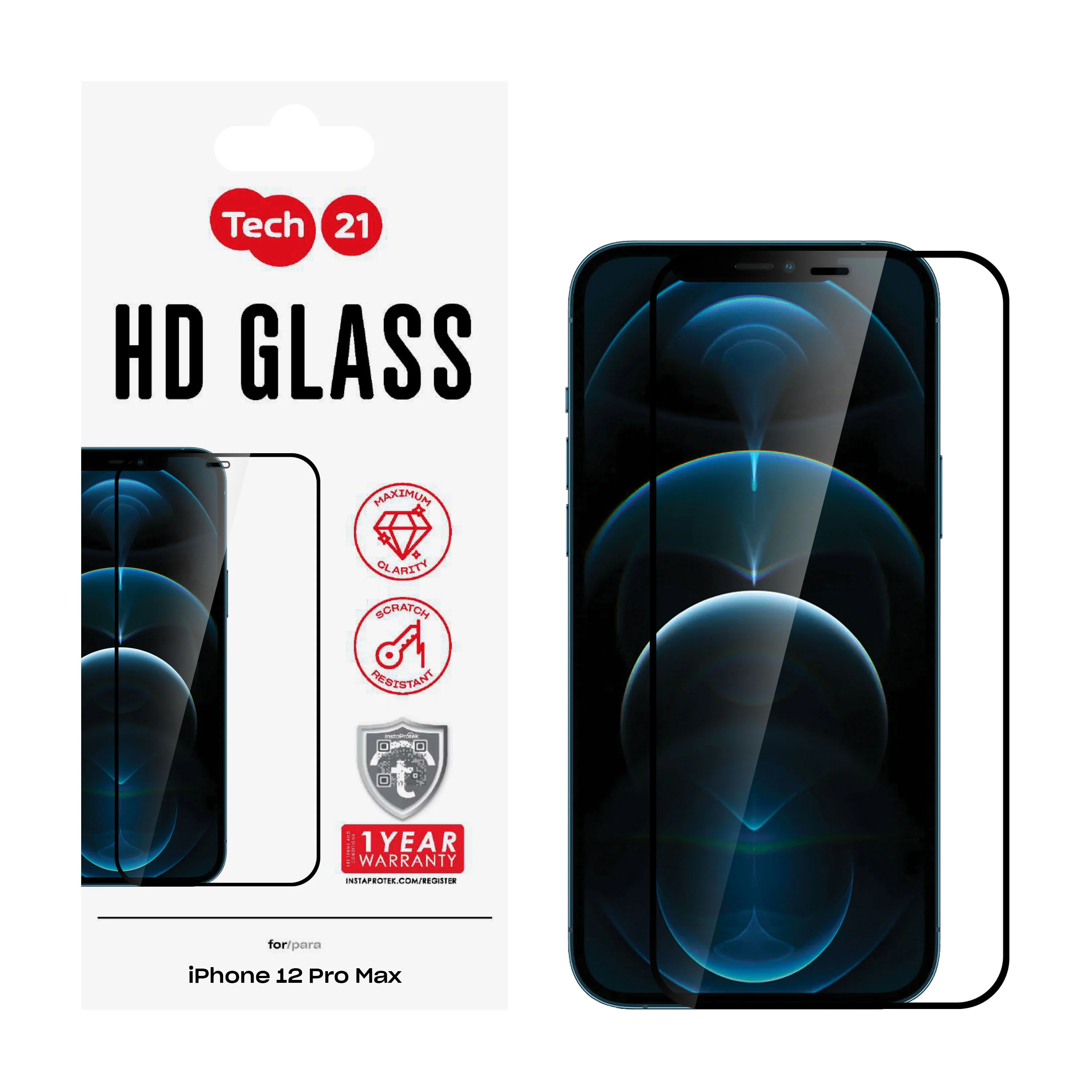 Tech21, Tech21 Tempered Glass Screen Protector for iPhone 12 Pro Max - Black