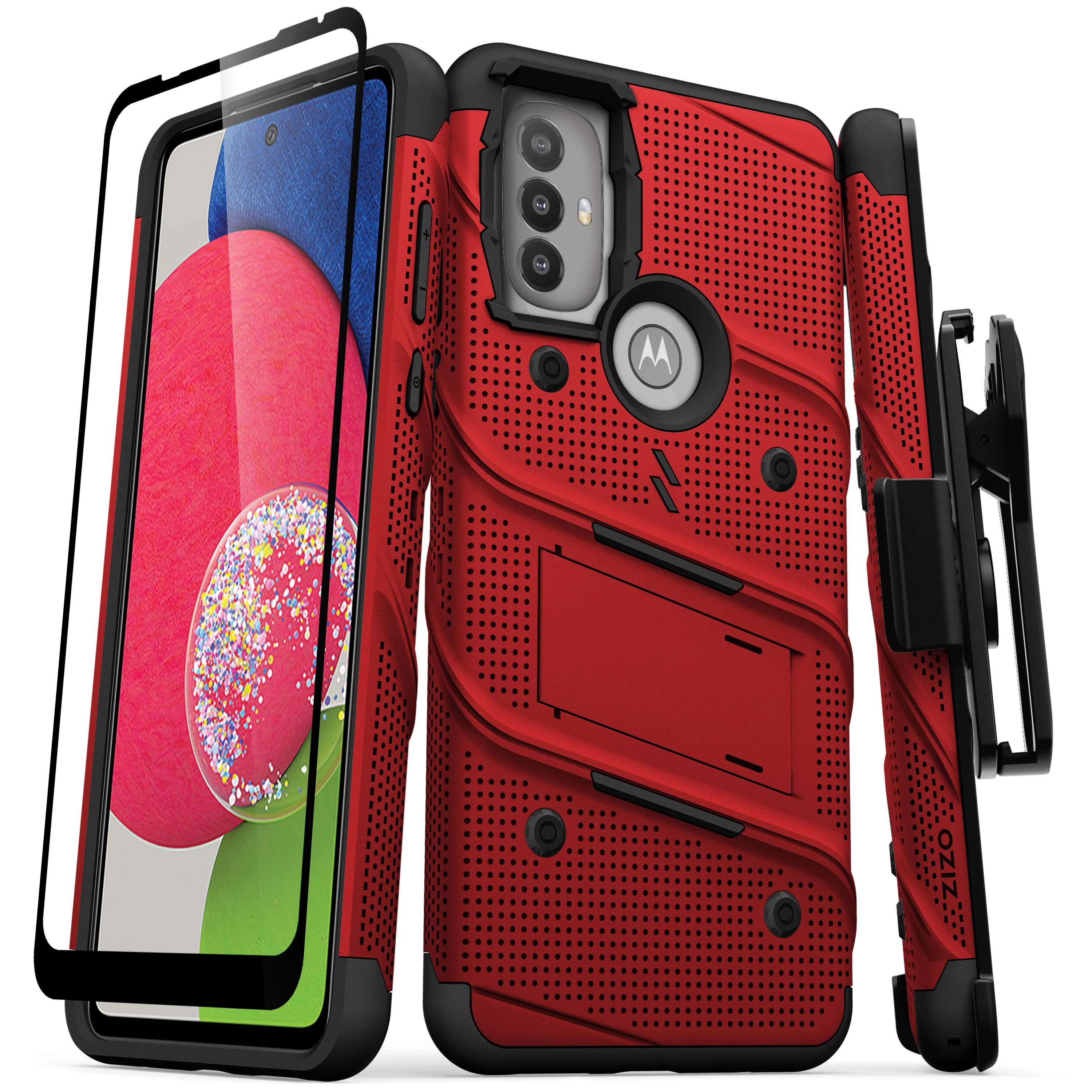 Zizo, ZIZO BOLT Bundle Moto G Power 2022 Case with Tempered Glass - Red moto g POWER 5G (2022) Red & Black